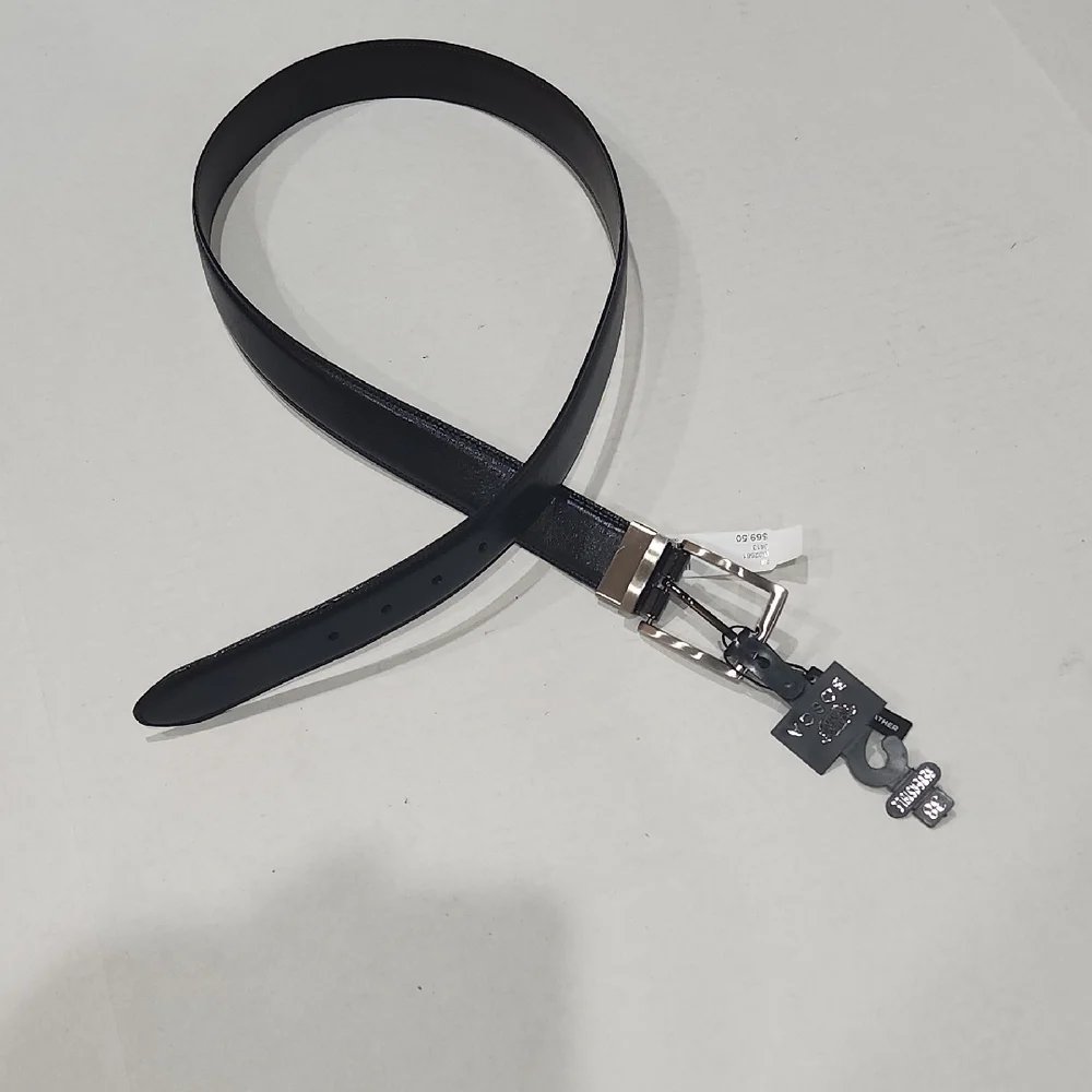 Bosca Black Leather Belt with Silver Buckle